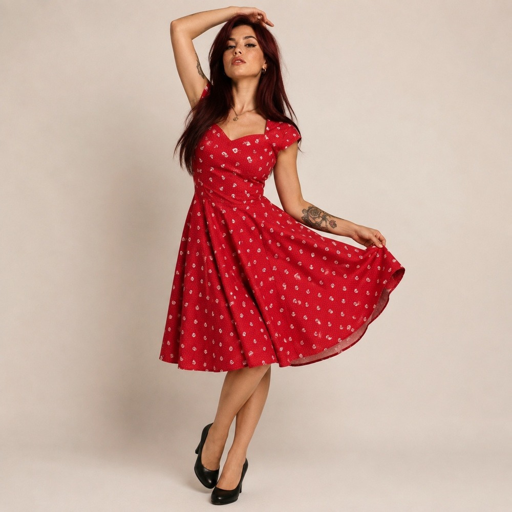 Vintage Sara USA Nautical Anchor Rockabilly Fit and Flare Dress Small